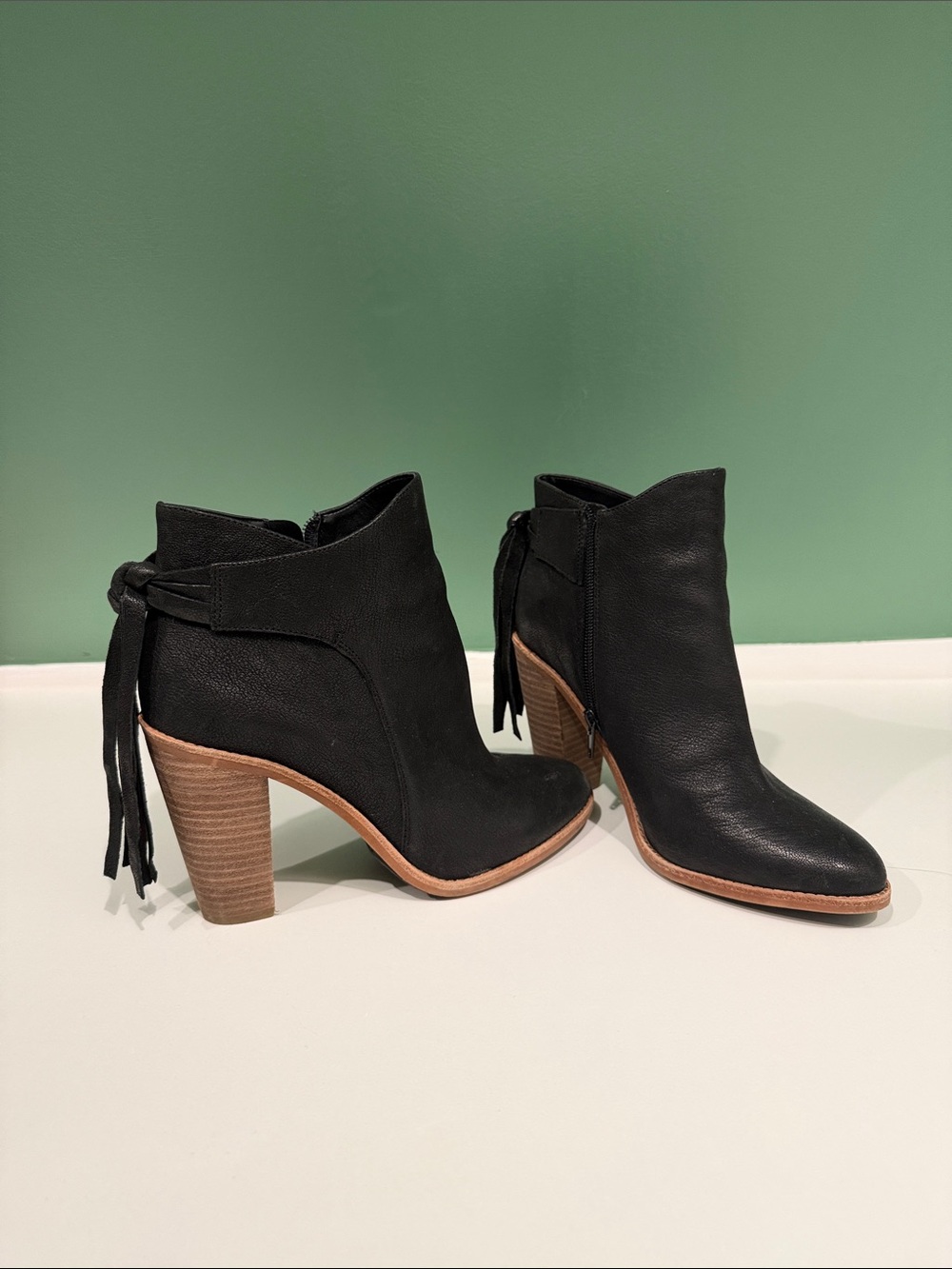 Vince Camuto Black Leather Fringe Ankle Booties with Stacked Wood Heel